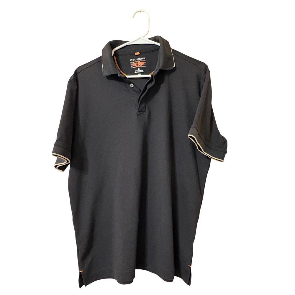Dockers Mens Short Sleeve Polo Shirt Black Tan Tipped Trim Pique Knit Medium